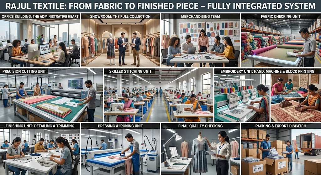 Rajul Textile production stages: office, showroom, merchandising, fabric checking, cutting, stitching, embroidery, finishing, pressing, quality checking and packing
